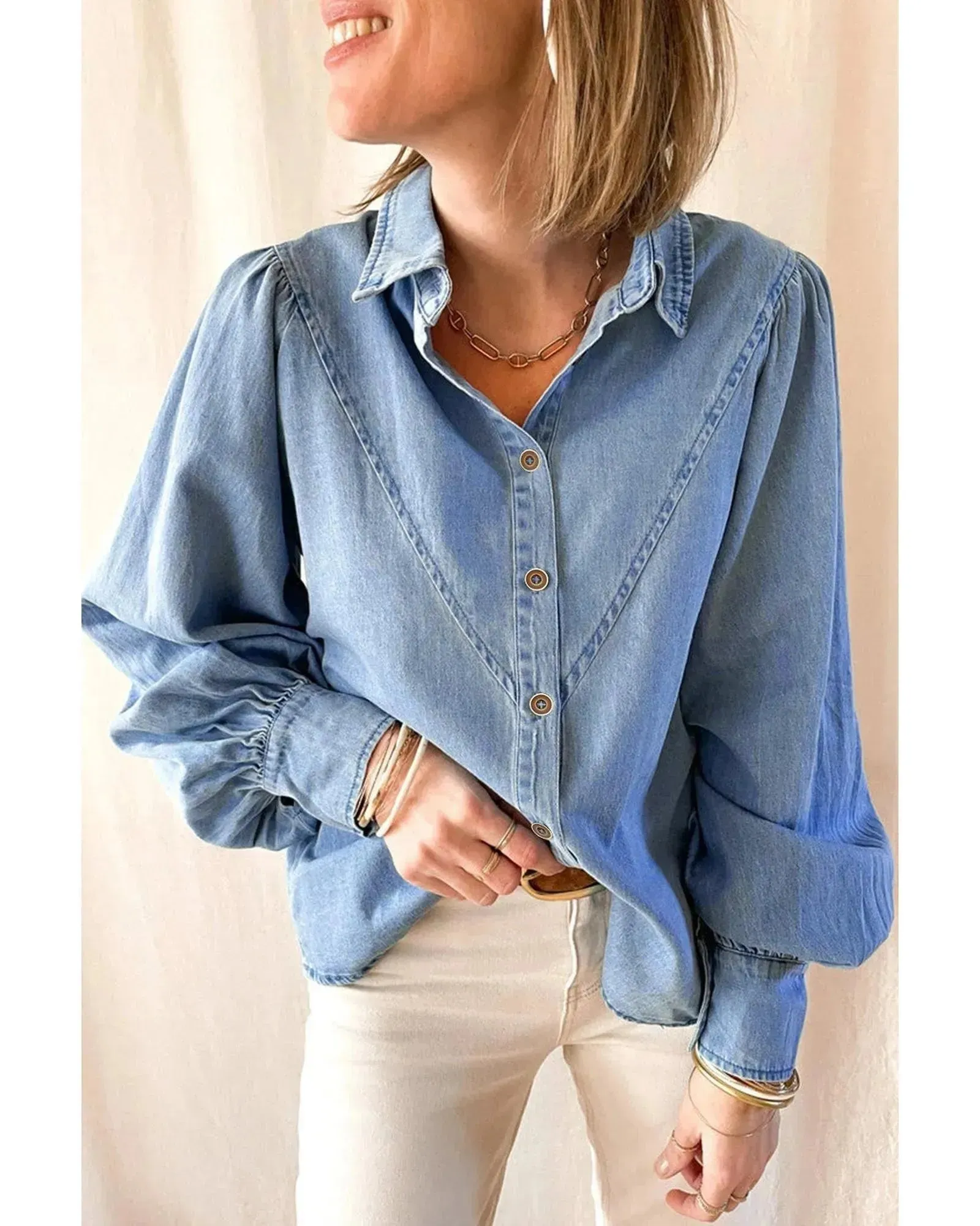 Azura Exchange V-shape Stitching Puff Sleeve Denim Shirt - S