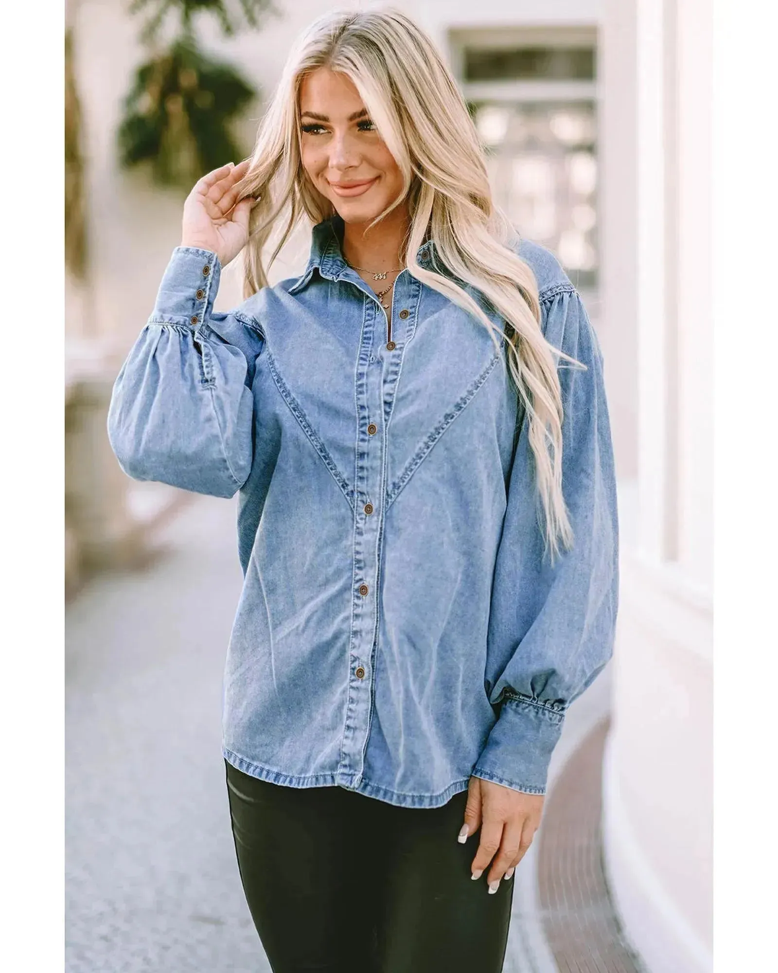 Azura Exchange V-shape Stitching Puff Sleeve Denim Shirt - S