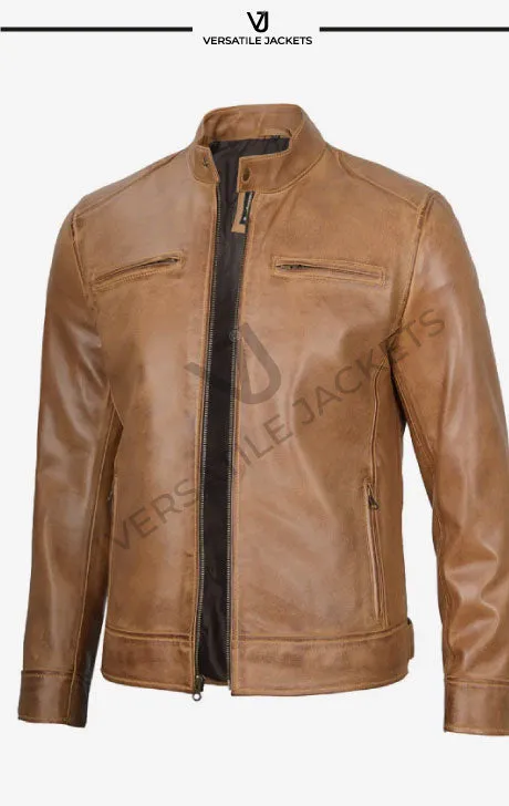 Camel Brown Men's Leather Cafe Racer Jacket