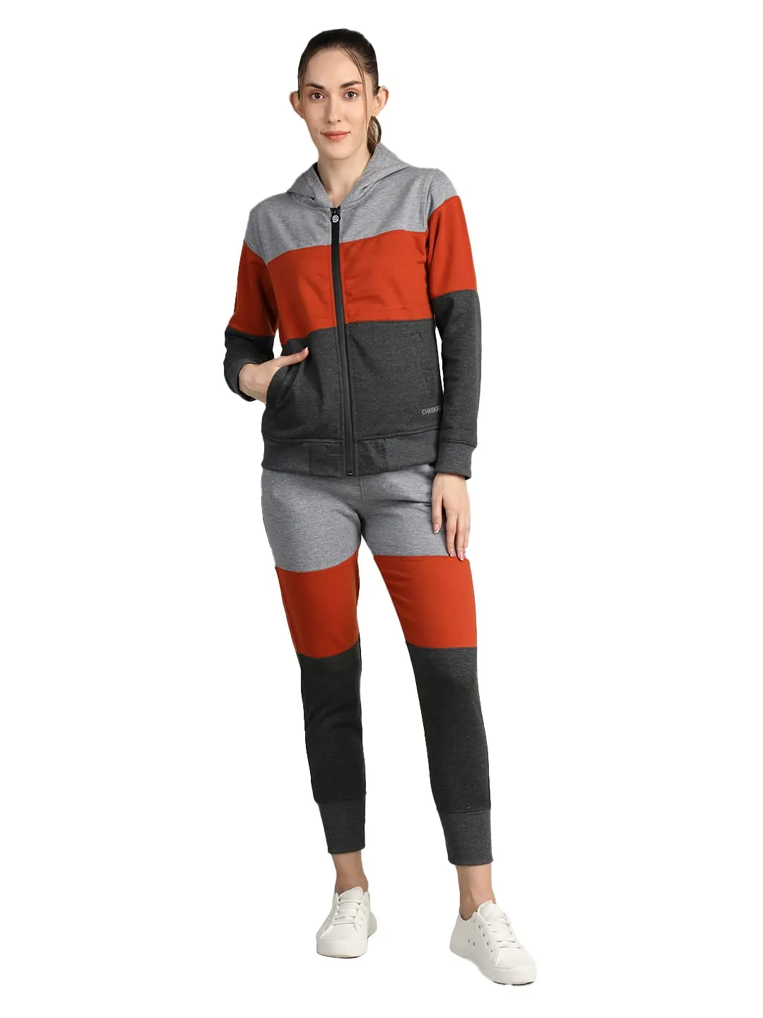 CHKOKKO Women Winter Sports Zipper Hooded Stylish Jacket LightGrey Orange DarkGrey XL