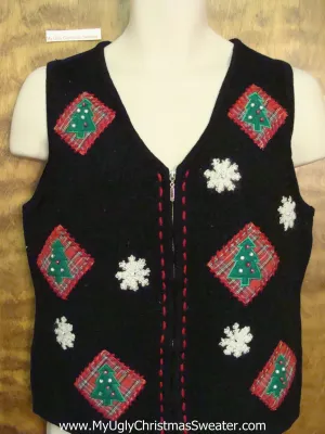 Corny Black Christmas Sweater Vest with Trees and Snowflakes