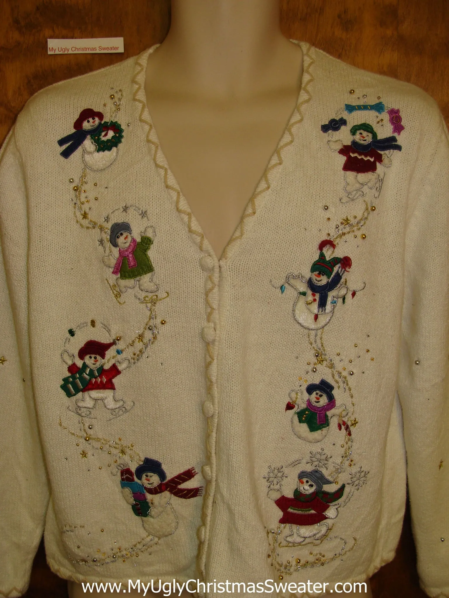 Corny Christmas Sweater Cardigan Flying Snowmen