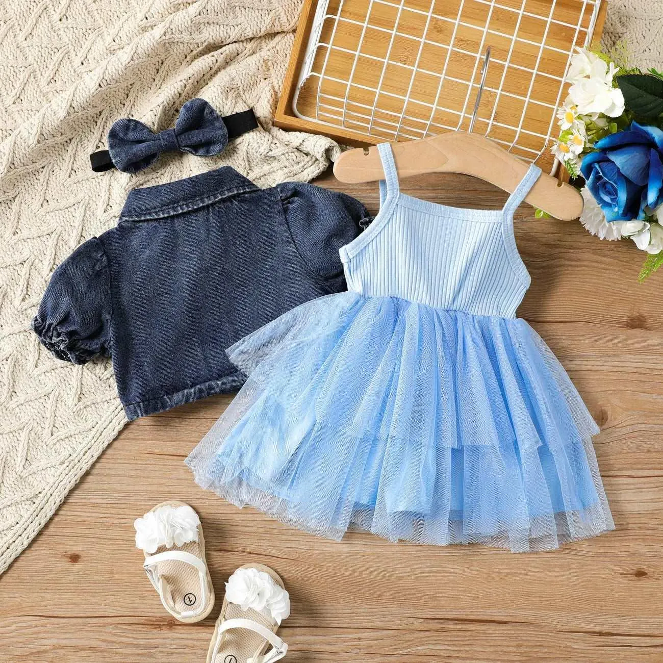 Cute Sweet Lapel Denim Top & Dress Set - Baby Girl (3Pcs)