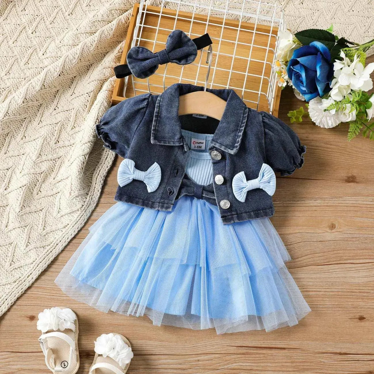 Cute Sweet Lapel Denim Top & Dress Set - Baby Girl (3Pcs)