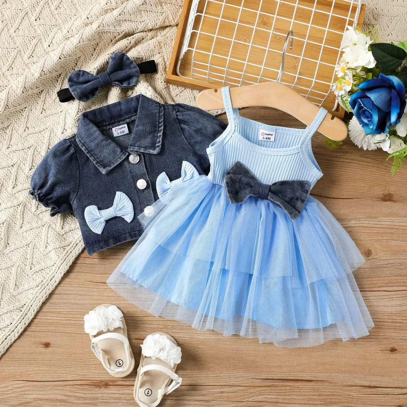 Cute Sweet Lapel Denim Top & Dress Set - Baby Girl (3Pcs)