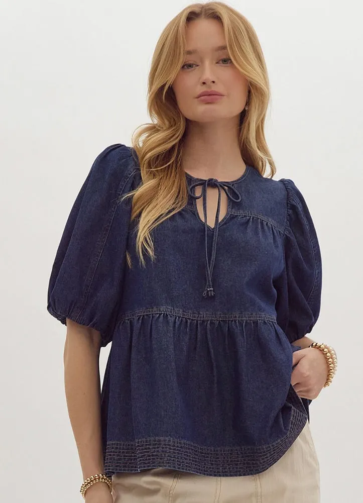 Dark Denim V Neck Bubble Sleeve Top by Entro