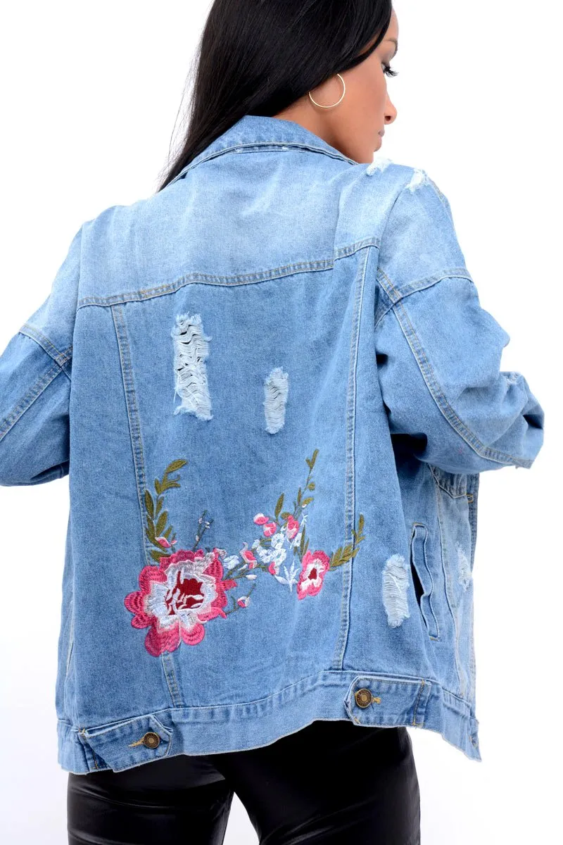 Denim Distressed Oversized Jacket with Floral Embroidery - Preena