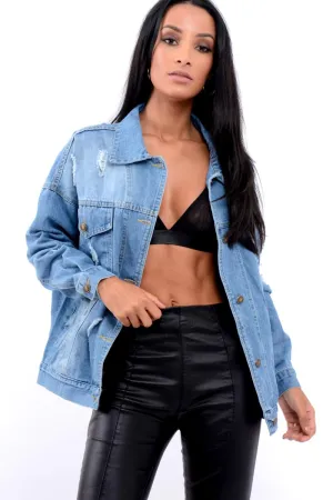 Denim Distressed Oversized Jacket with Floral Embroidery - Preena