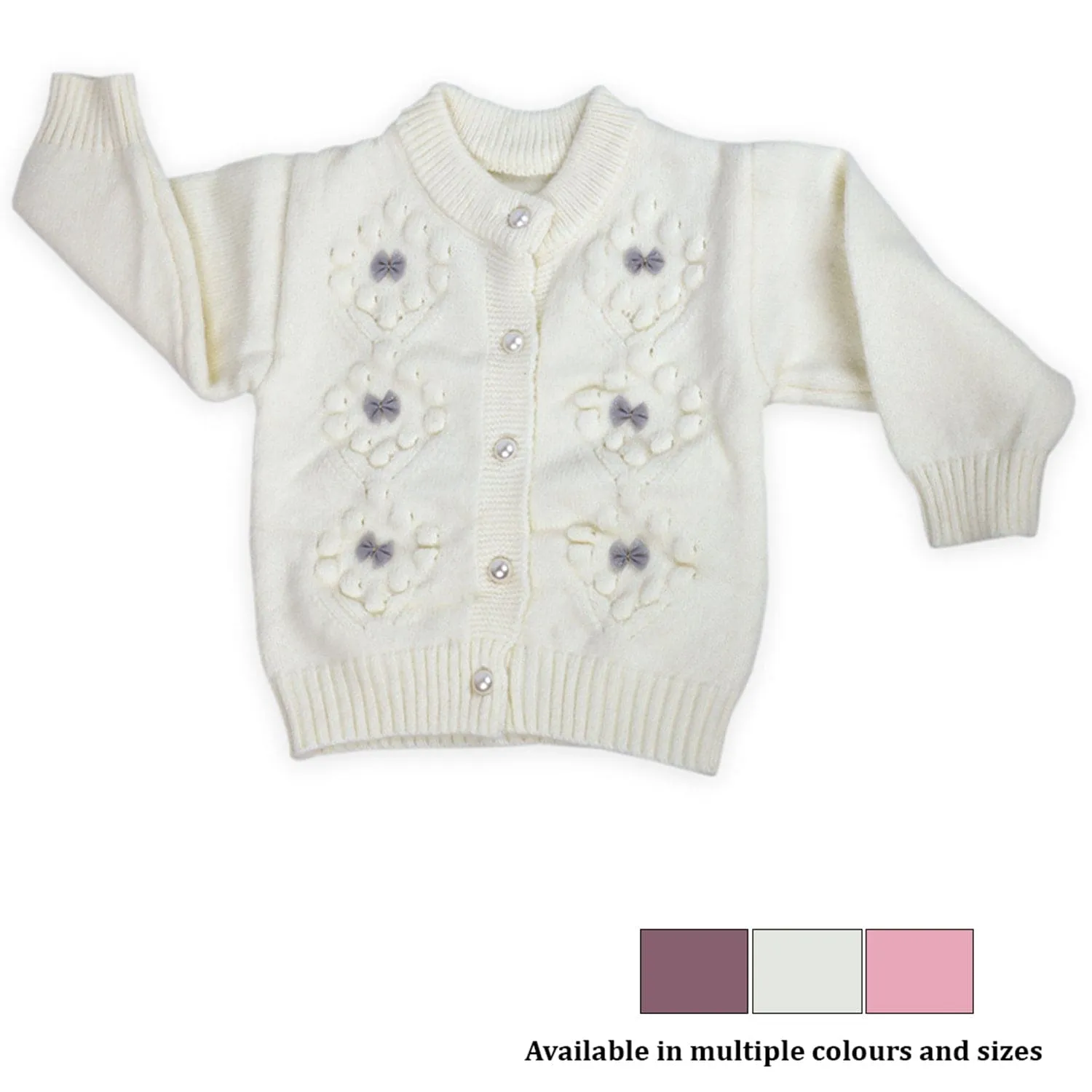 Elegant Bow And Pearl Buttons Premium Full Sleeves Knitted Sweater - Off White