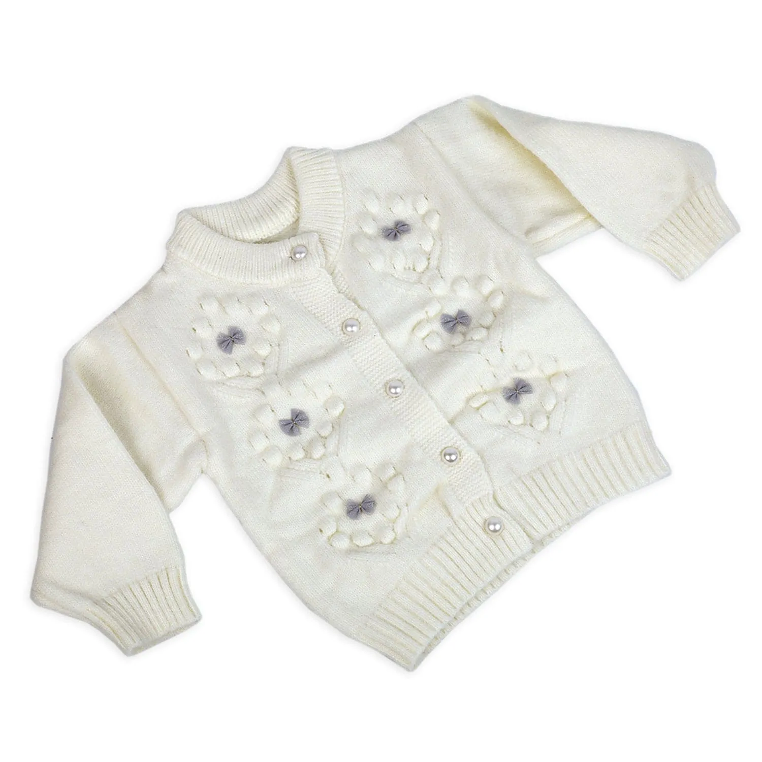 Elegant Bow And Pearl Buttons Premium Full Sleeves Knitted Sweater - Off White