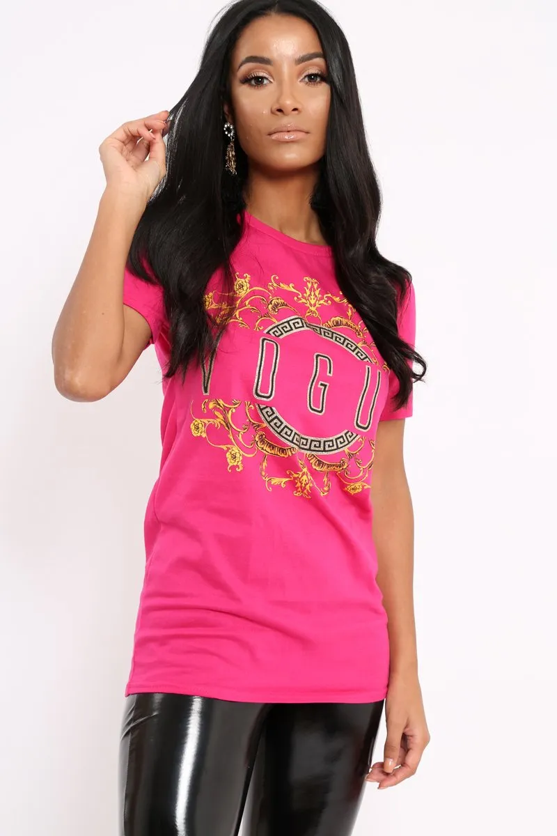 Fuchsia Vogue Slogan Print T-Shirt - Corey