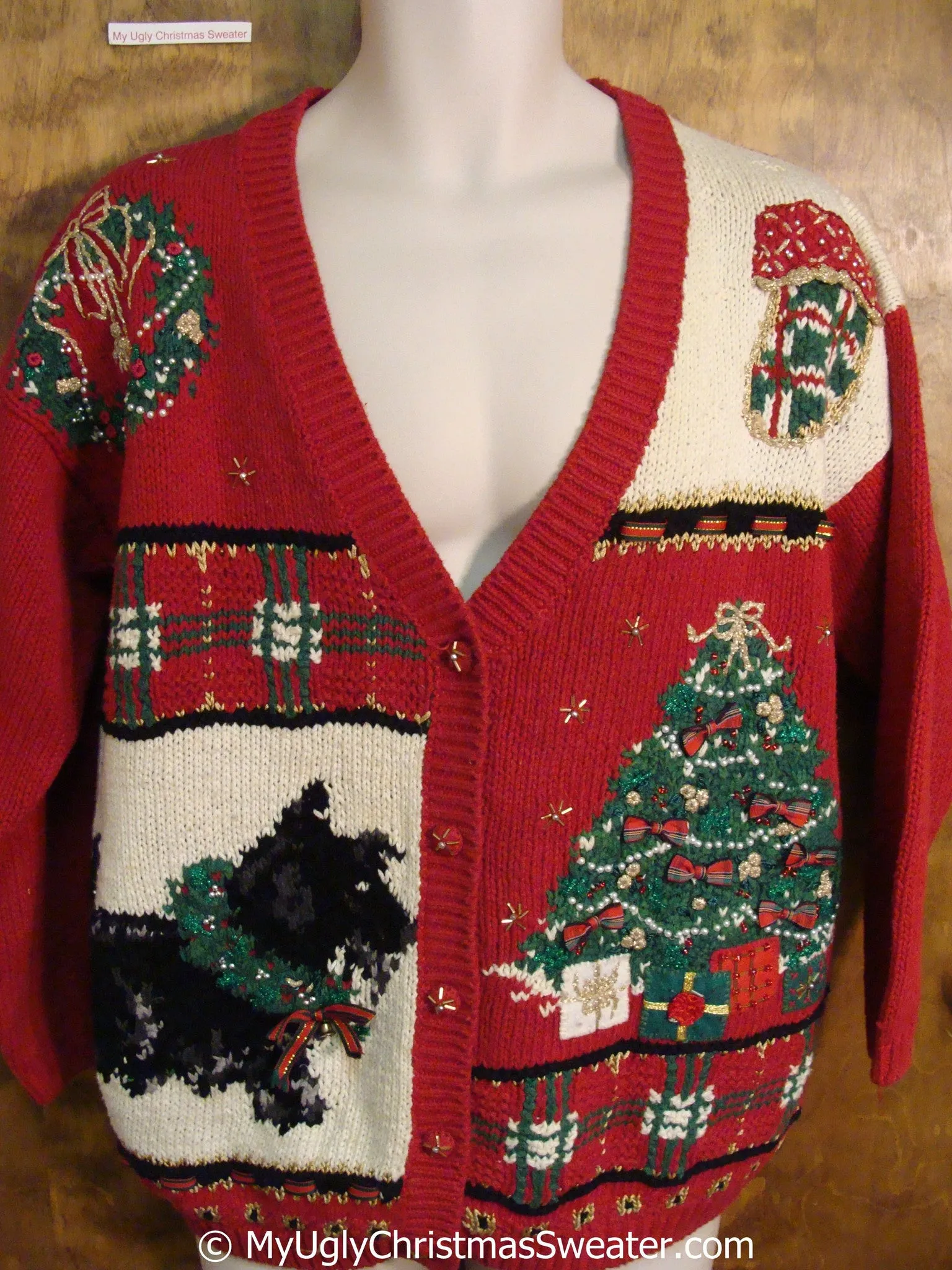 Fun Red 80s Tacky Christmas Sweater with Dog