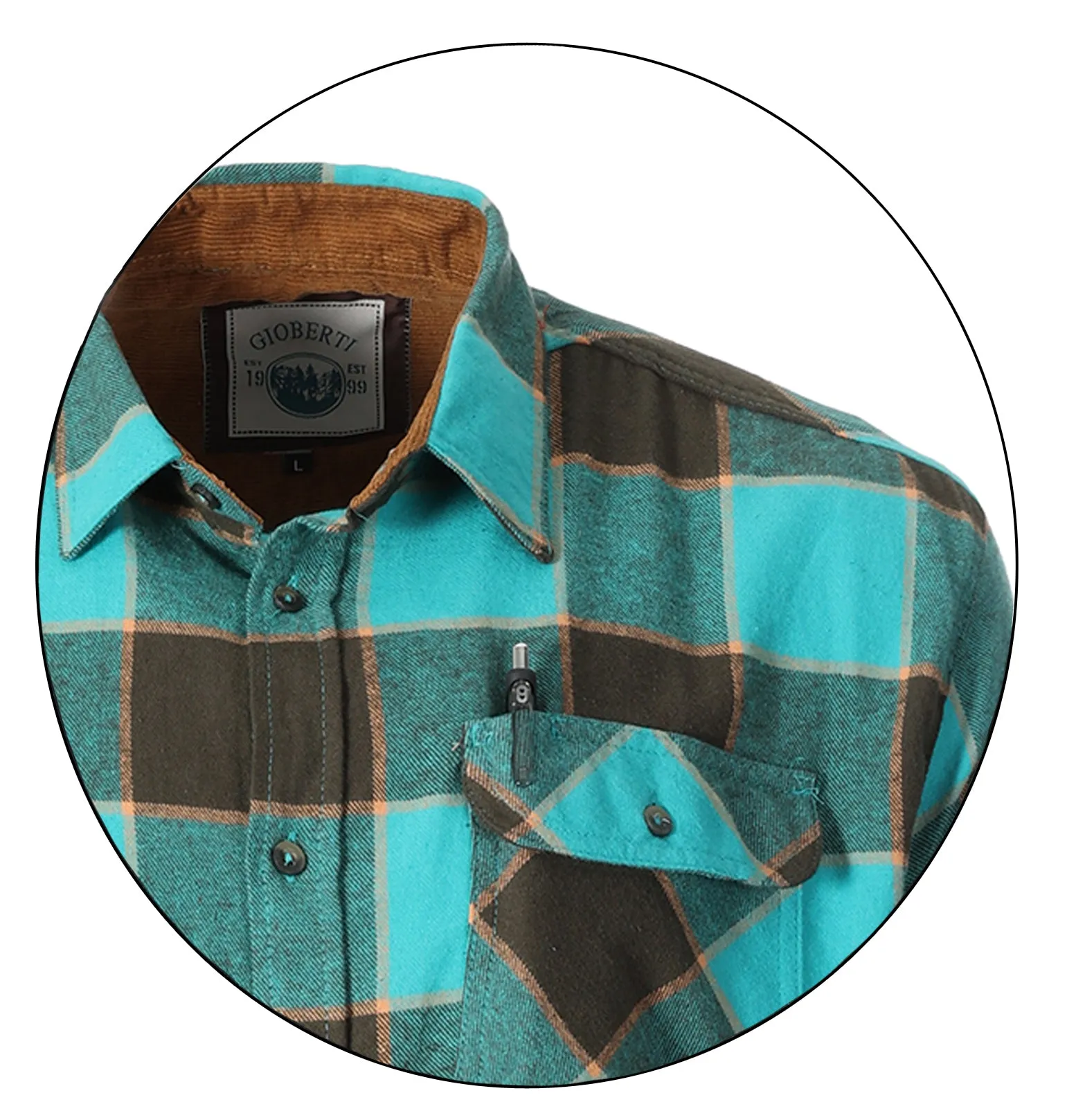 Gioberti Men's Aqua / Brown / Orange 100% Cotton Brushed Flannel Plaid Checkered Shirt with Corduroy Contrast