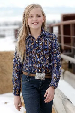 GIRL'S SOUTHWESTERN PRINT WESTERN SHIRT - NAVY