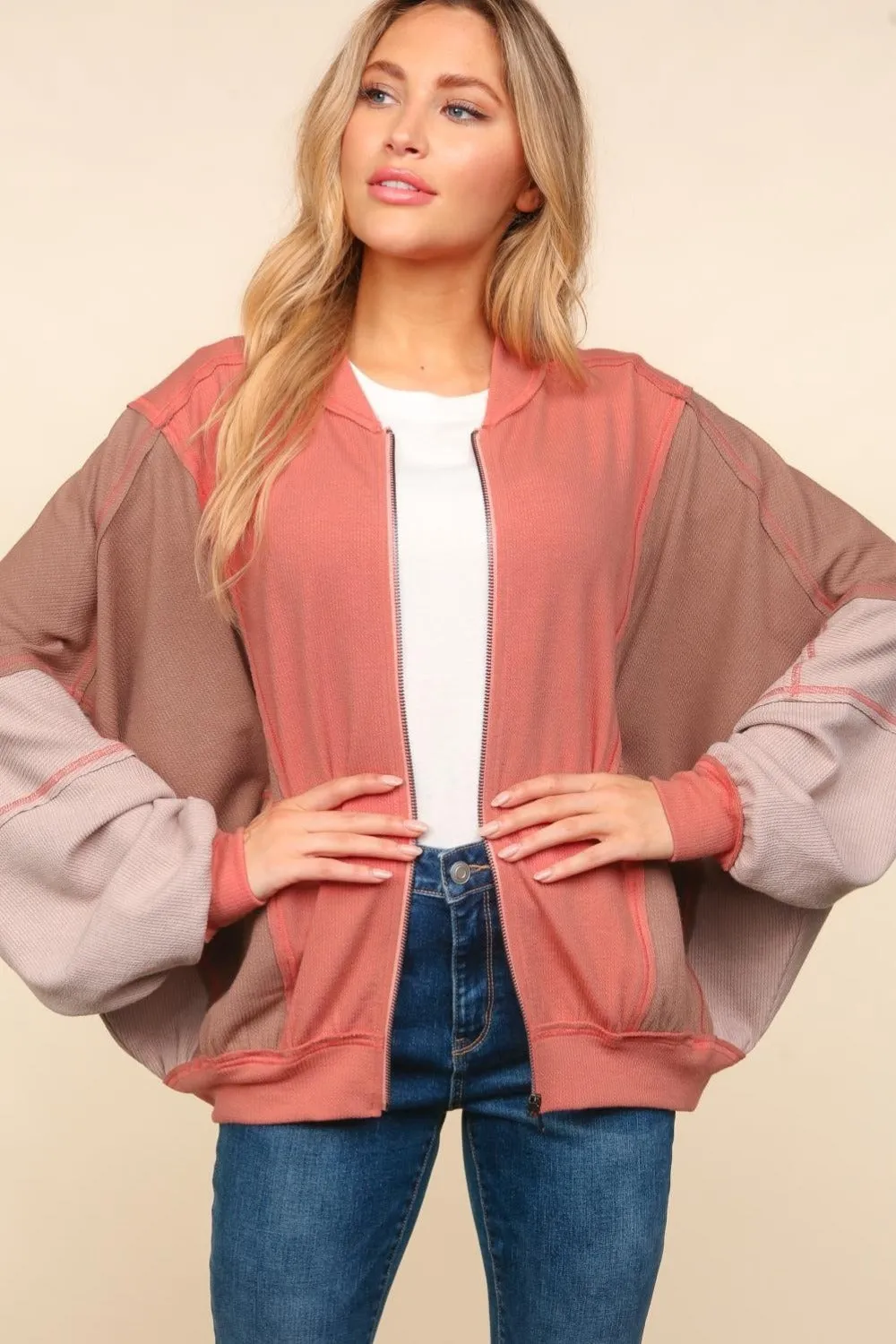 Haptics Zip Up Color Block Bomber Jacket with Side Pockets