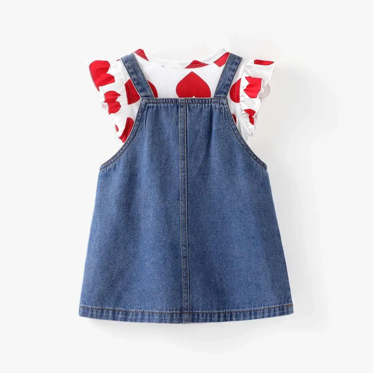 Heart Print Tee & Rabbit Embroidery Denim Overall Dress Set - Baby Girl (2Pcs)