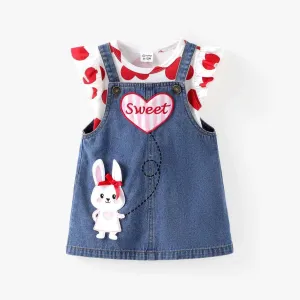 Heart Print Tee & Rabbit Embroidery Denim Overall Dress Set - Baby Girl (2Pcs)