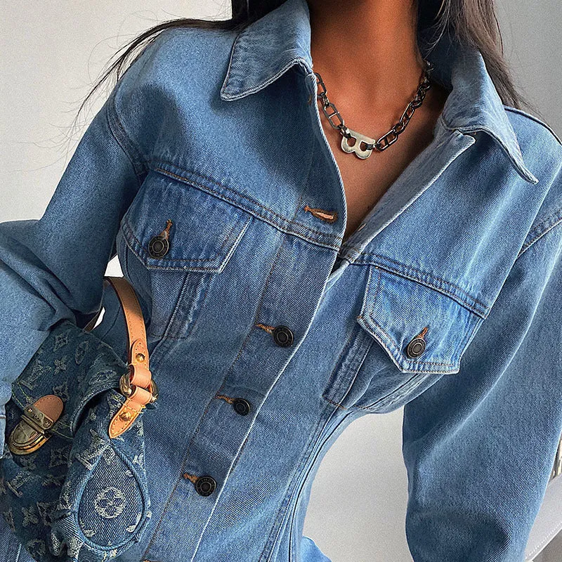 Lapel Collar Front Buttoned Long Sleeve Denim Jacket Dress