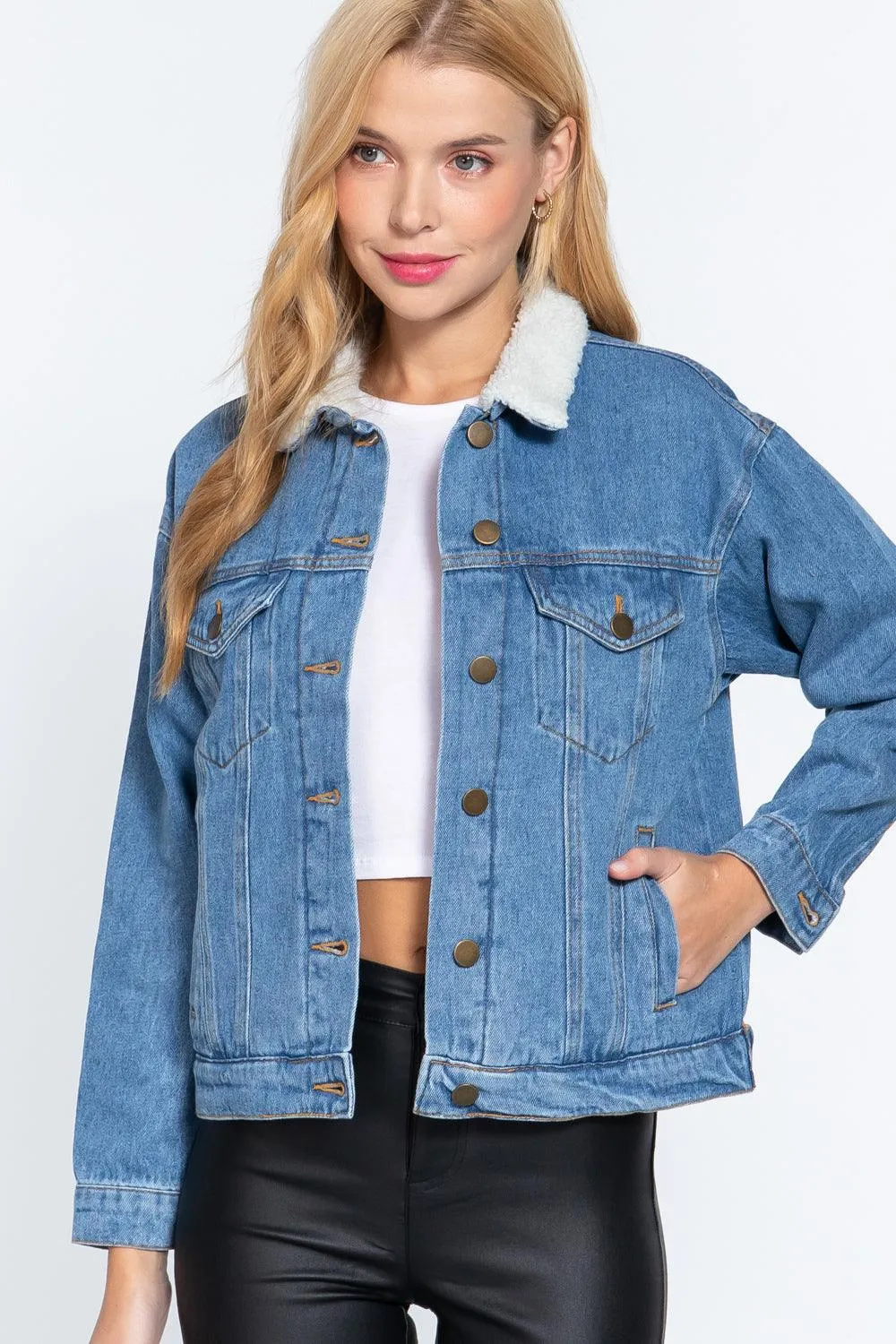 Long Sleeve Fur Oversized Denim Jacket