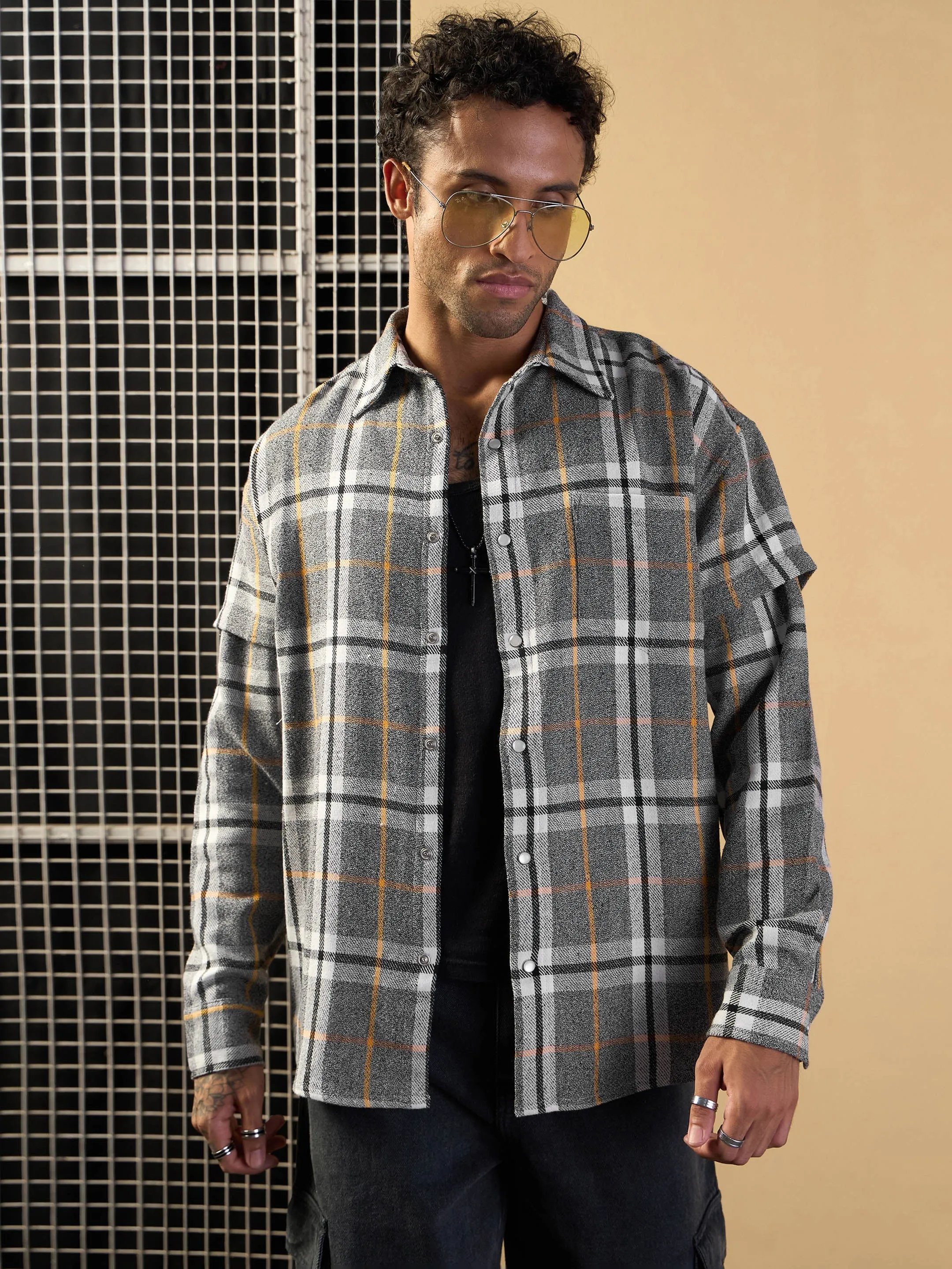 Men Grey & White Check Overlap Sleeves Oversize Shirt