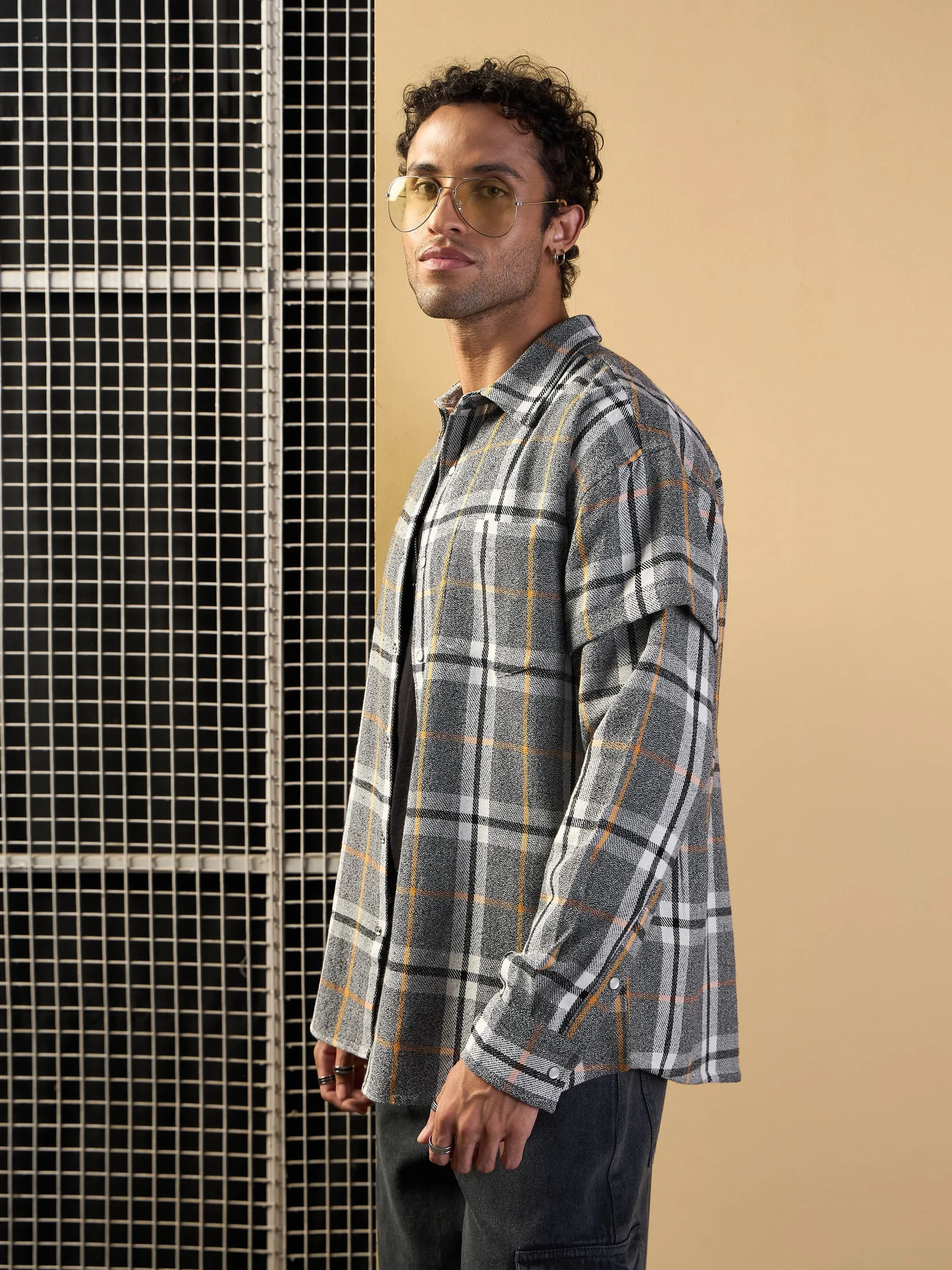 Men Grey & White Check Overlap Sleeves Oversize Shirt