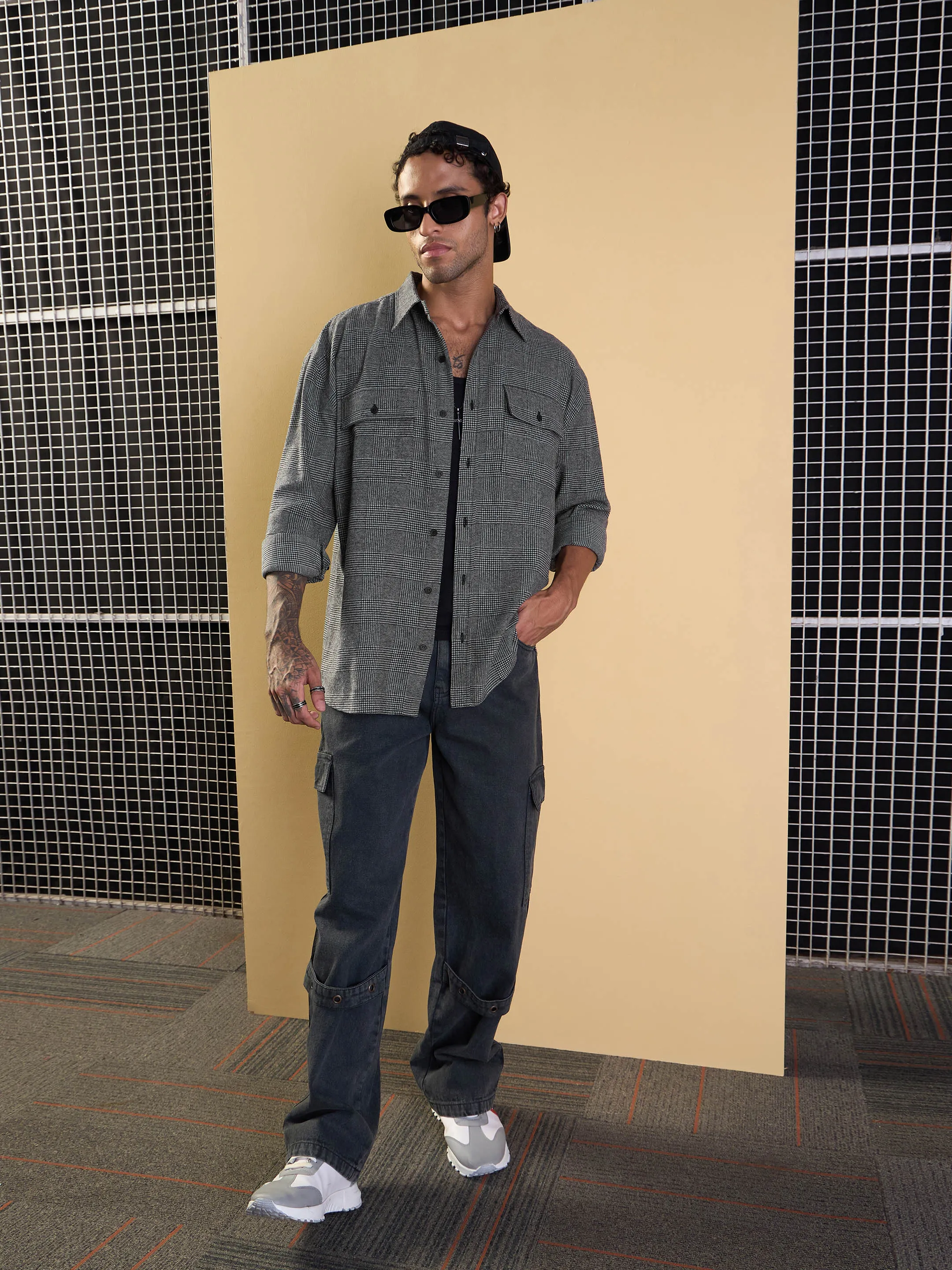 Men Grey Check Flap Pocket Oversize Shirt