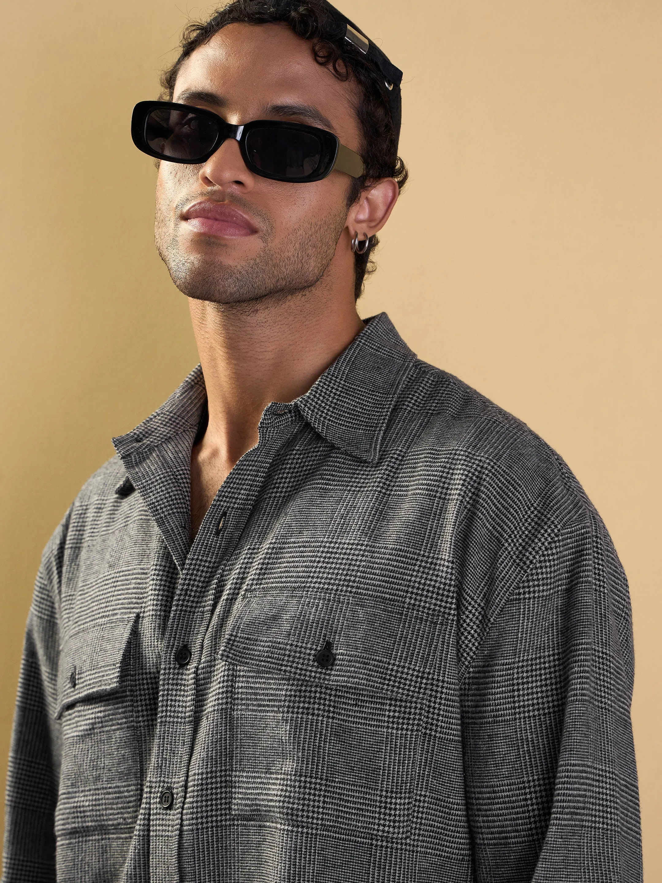 Men Grey Check Flap Pocket Oversize Shirt