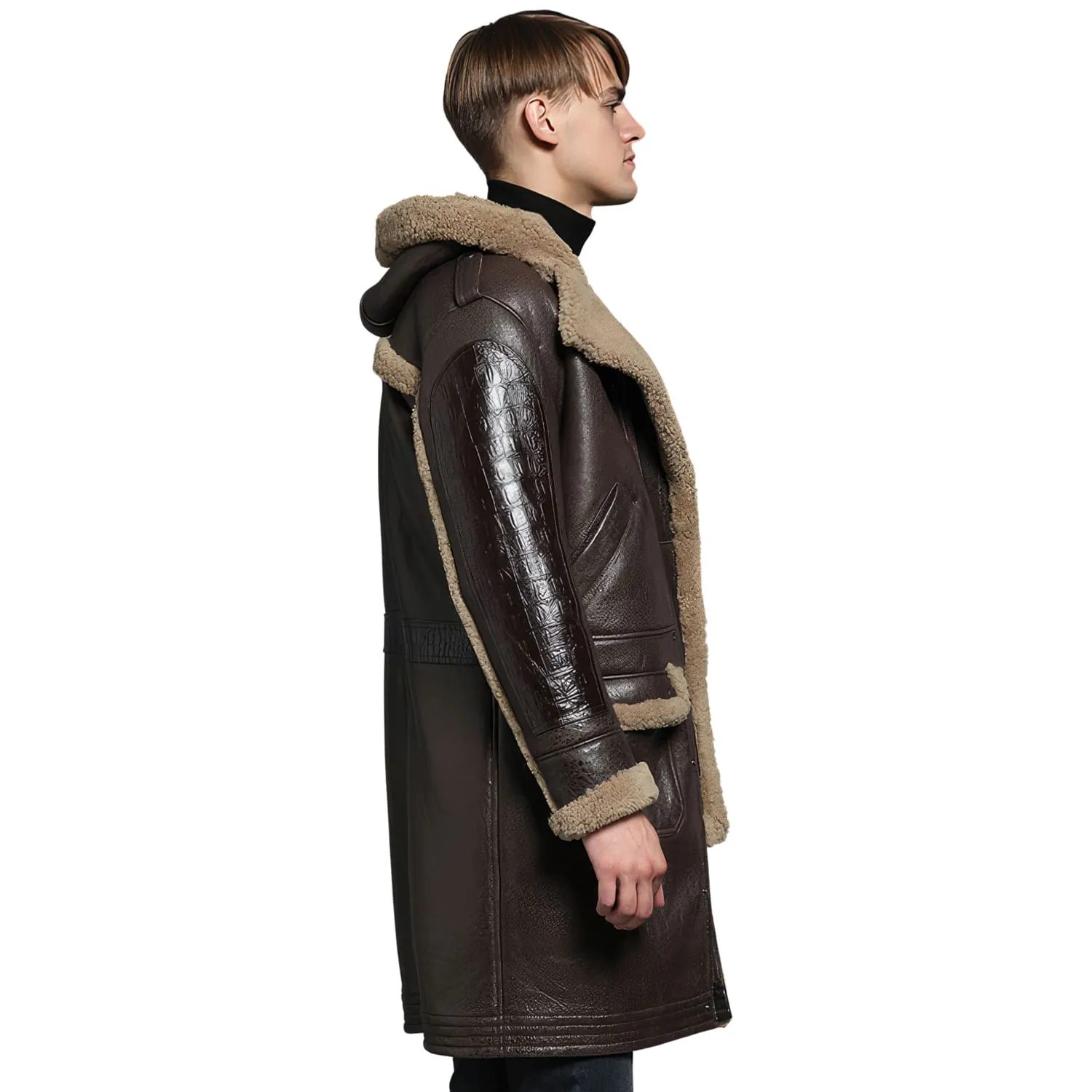 Men’s Brown Genuine Sheepskin Sherpa Shearling Faux Fur Lines Hooded Winter Warm Thick Retro Uniform Military Leather Coat