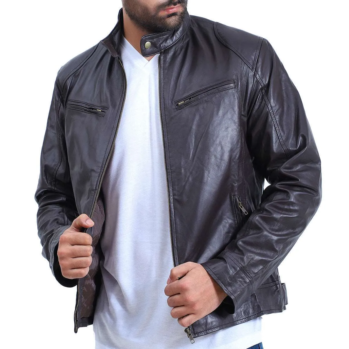 Men's Cafe Racer Black Sheepskin Leather Jacket