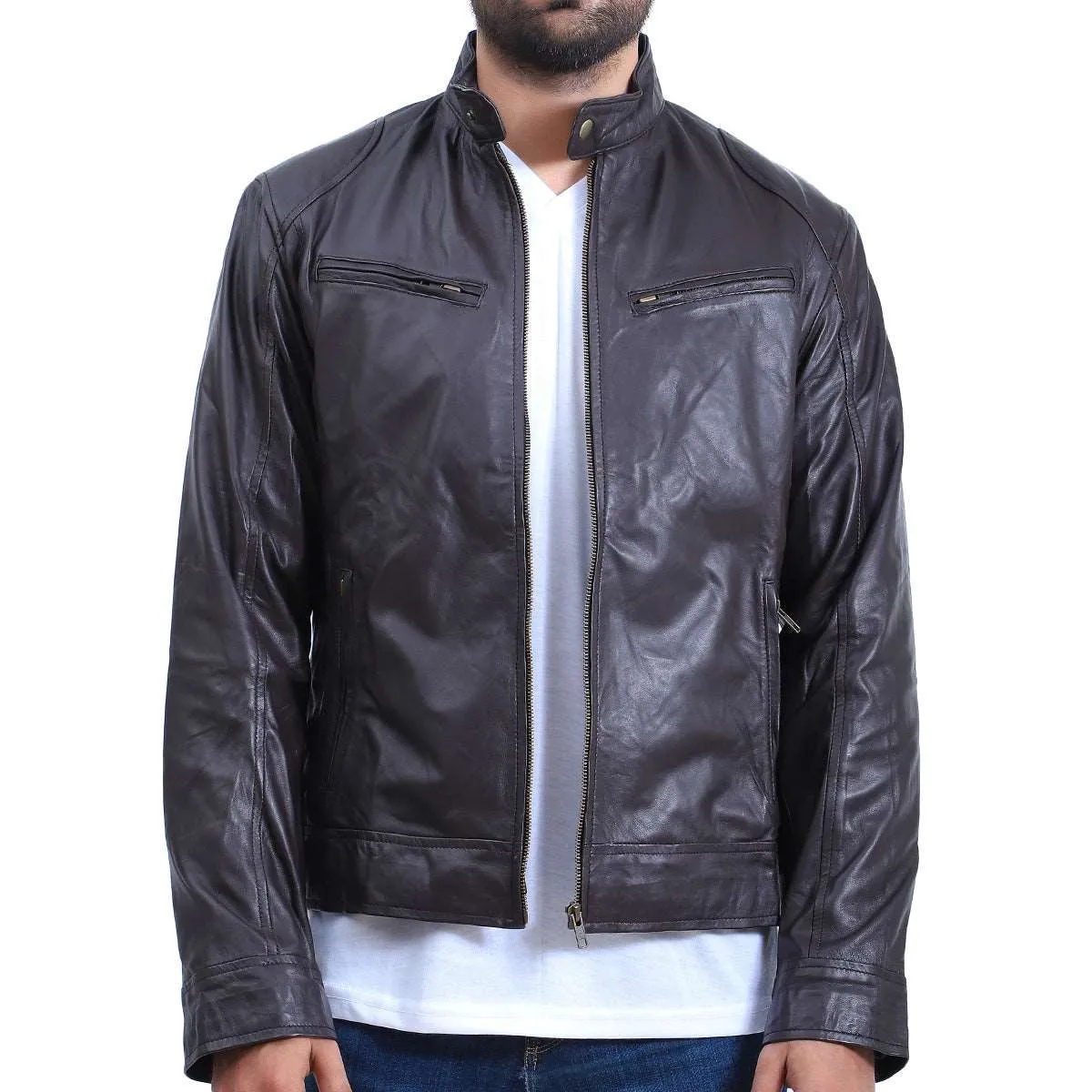 Men's Cafe Racer Black Sheepskin Leather Jacket