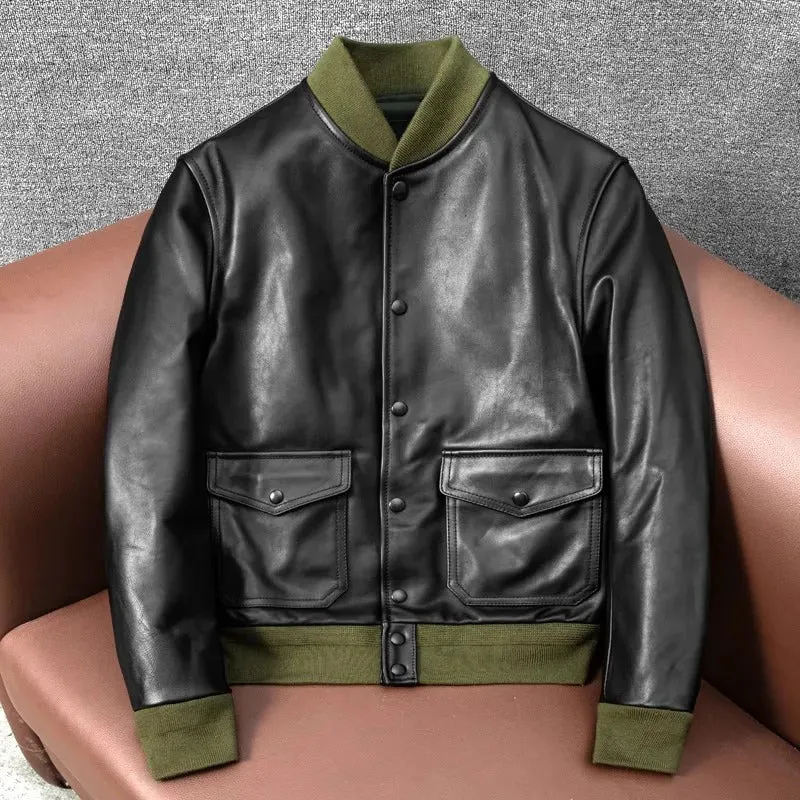 Men's Classic A1 Bomber Jacket - Genuine Cowhide Leather Casual Fashion