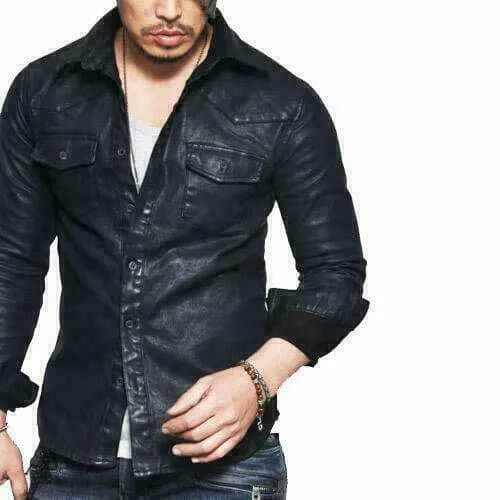 Men's Leather Shirt Genuine Lambskin Soft Black Vintage Jacket Biker Slim Fit