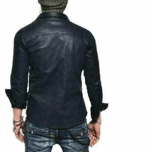 Men's Leather Shirt Genuine Lambskin Soft Black Vintage Jacket Biker Slim Fit