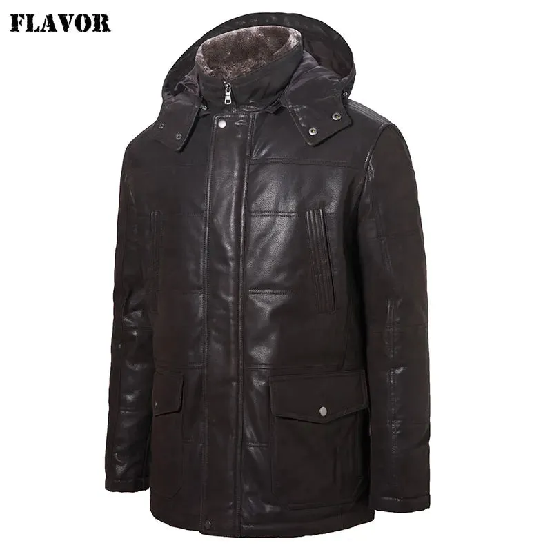 Men's Real Leather Jacket with Removable Hood and Fur Collar