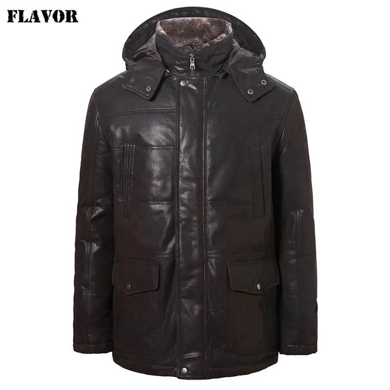 Men's Real Leather Jacket with Removable Hood and Fur Collar