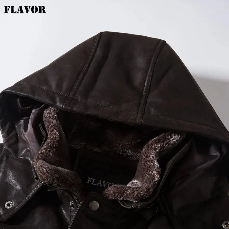 Men's Real Leather Jacket with Removable Hood and Fur Collar