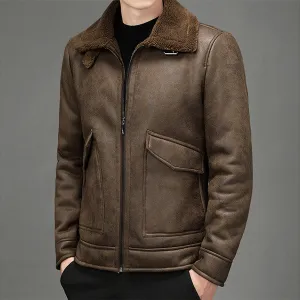 Men’s Vintage Distressed Brown Genuine Sheepskin Sherpa Shearling Faux Fur Lined Turn-Down Collar Fashionable Streetwear Winter Warm Leather Jacket