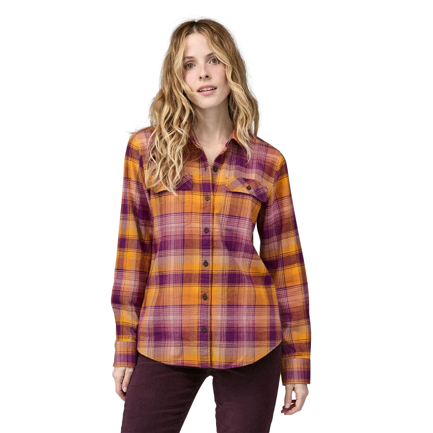 Patagonia Women's Long Sleeved Midweight Fjord Flannel Shirt - Sun Rays / Night Plum