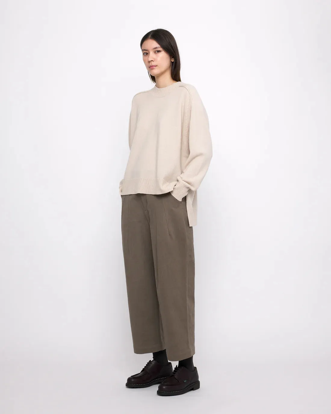 Relaxed Beige/White Rolled Seam Sweater