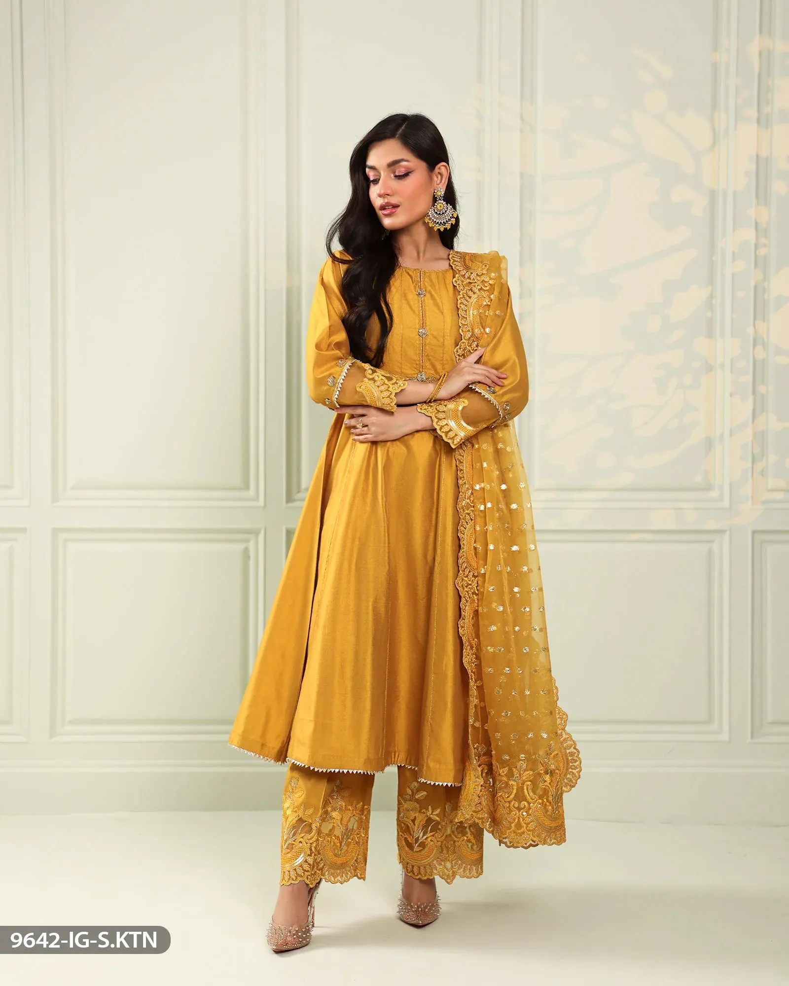 Sha Posh Embroidered Chambray Katan Suit - Mustard