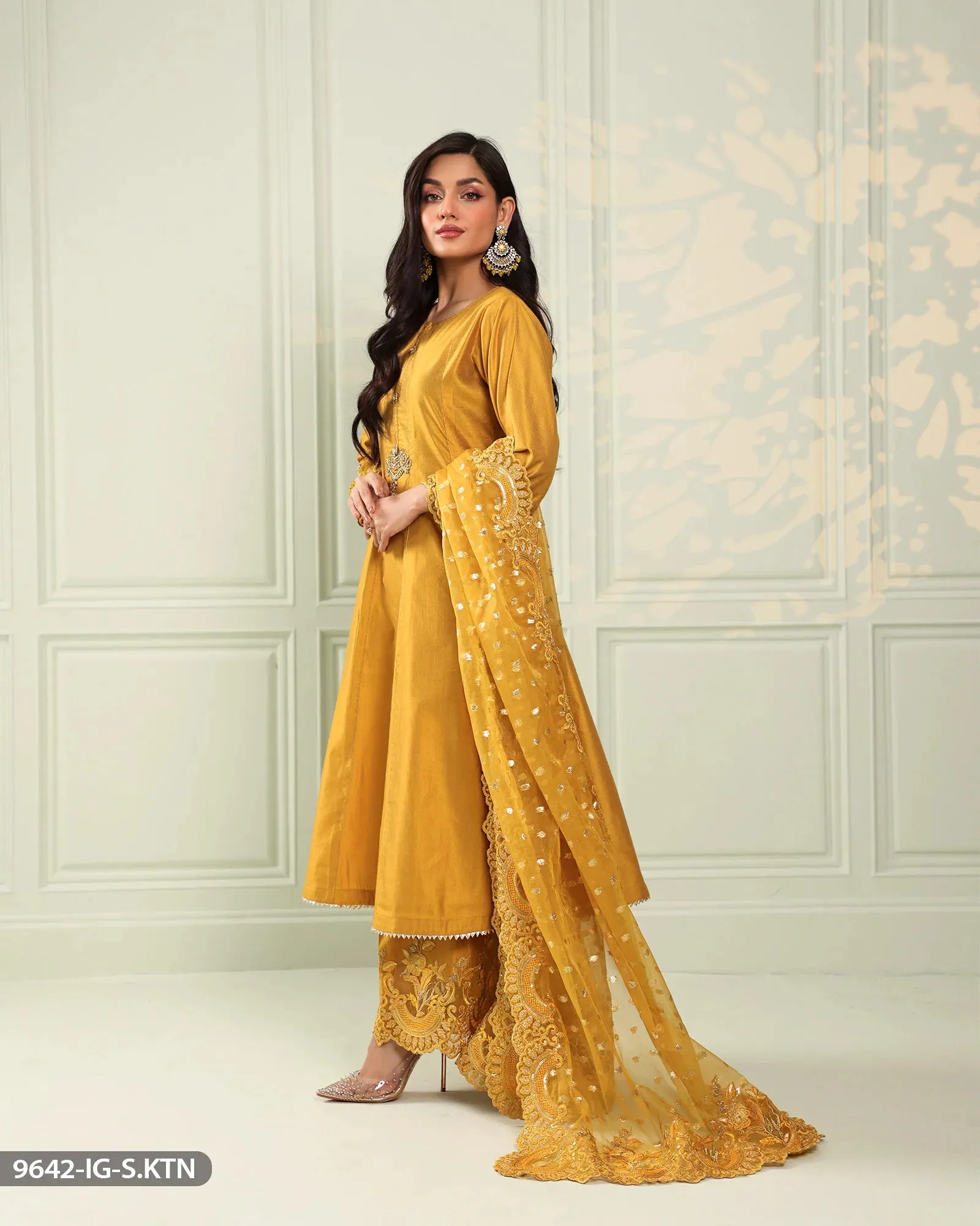 Sha Posh Embroidered Chambray Katan Suit - Mustard