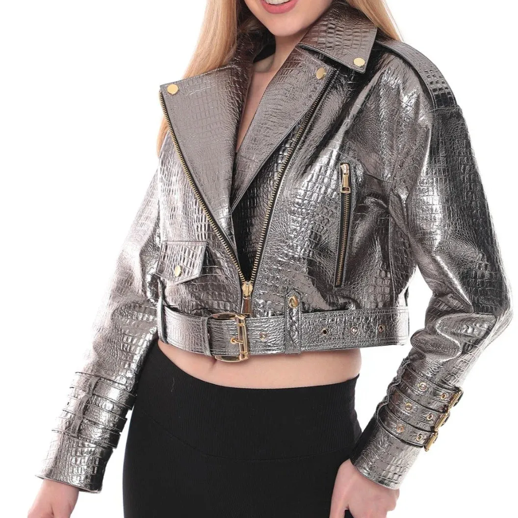 Silver Lamb Leather Snake Print Jacket with Golden Accents