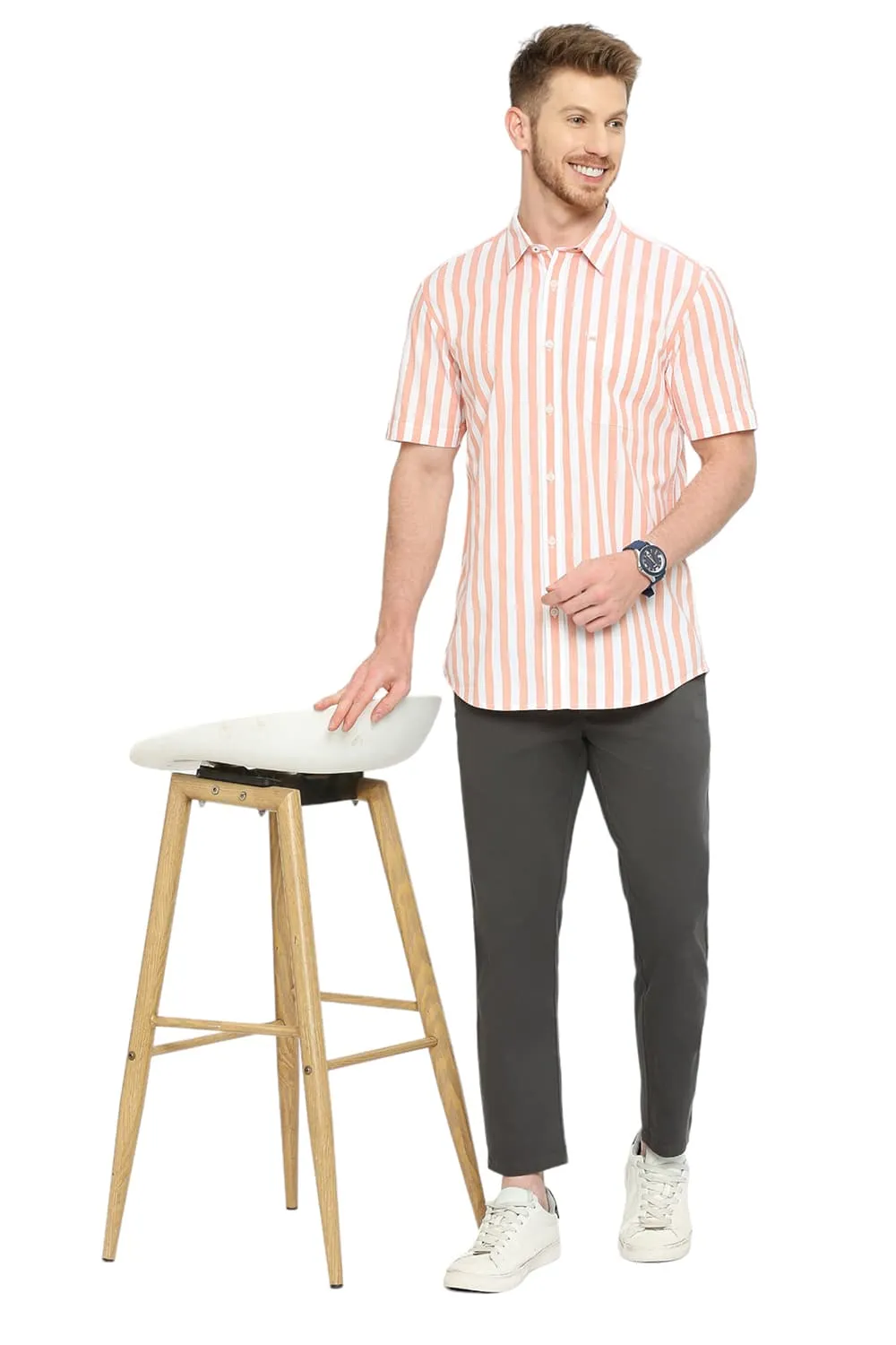 Slim Fit Cotton Oxford Stripes Halfsleeves Shirt