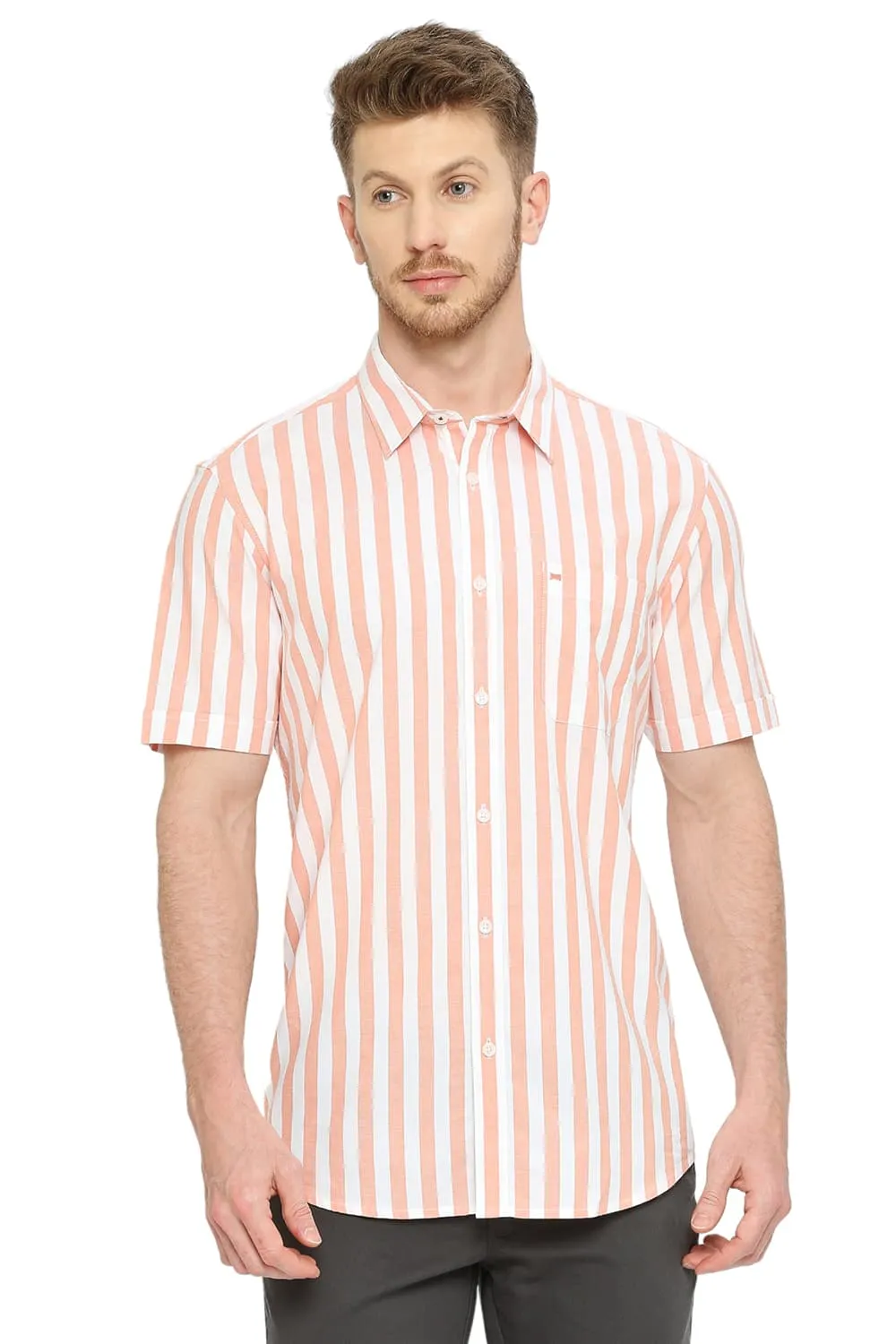 Slim Fit Cotton Oxford Stripes Halfsleeves Shirt