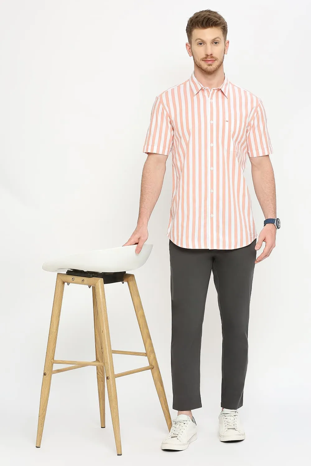 Slim Fit Cotton Oxford Stripes Halfsleeves Shirt