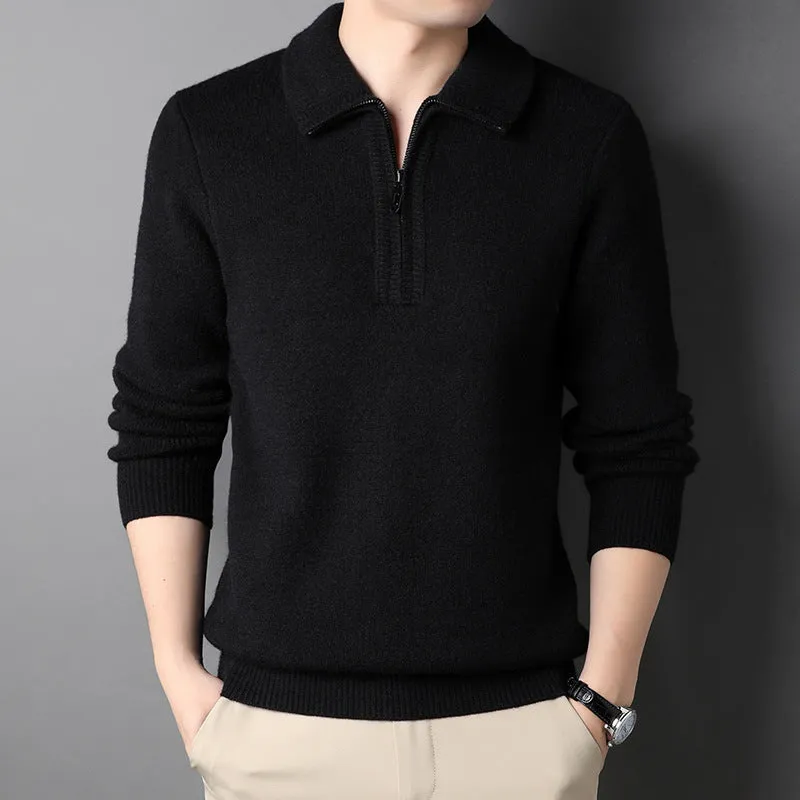 Solid Color Popular Zipper Men's Lapel Knitted Sweater versatile