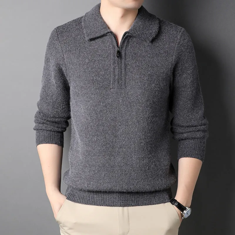 Solid Color Popular Zipper Men's Lapel Knitted Sweater versatile