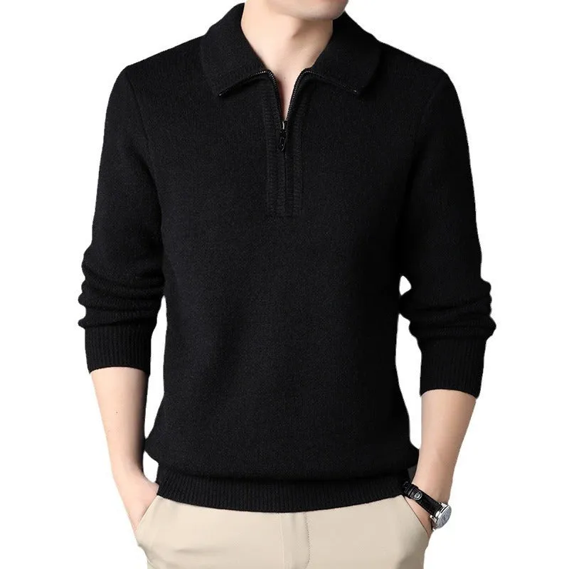 Solid Color Popular Zipper Men's Lapel Knitted Sweater versatile