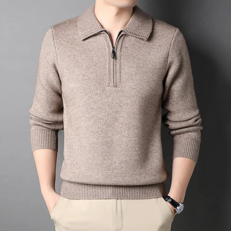 Solid Color Popular Zipper Men's Lapel Knitted Sweater versatile