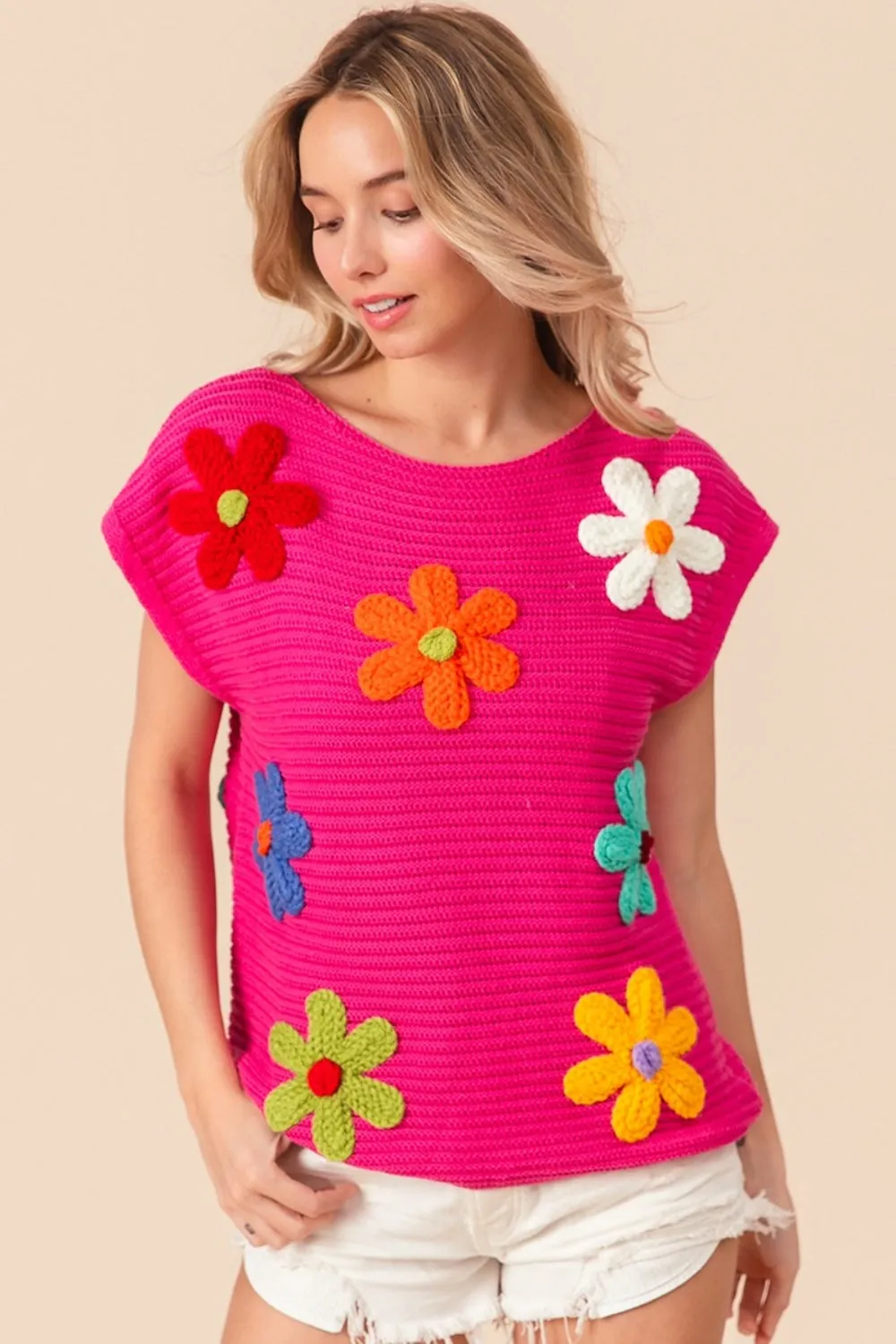 TEEK - Fuschia Flower Round Neck Cap Sleeve Knit Top